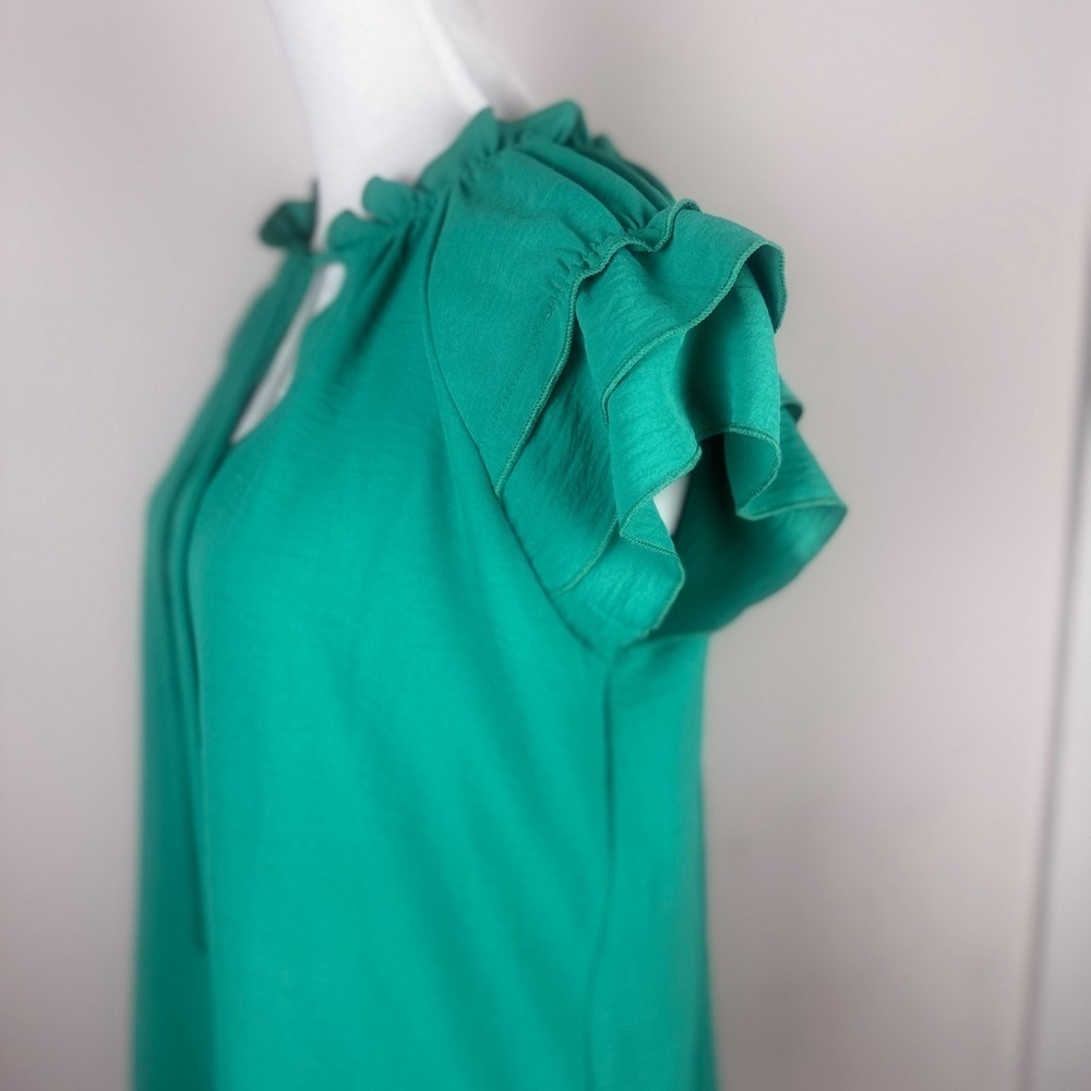 NY Collection Women’s Green Flutter Sleeve Blouse with Tie Front Size M - Picture 5 of 10